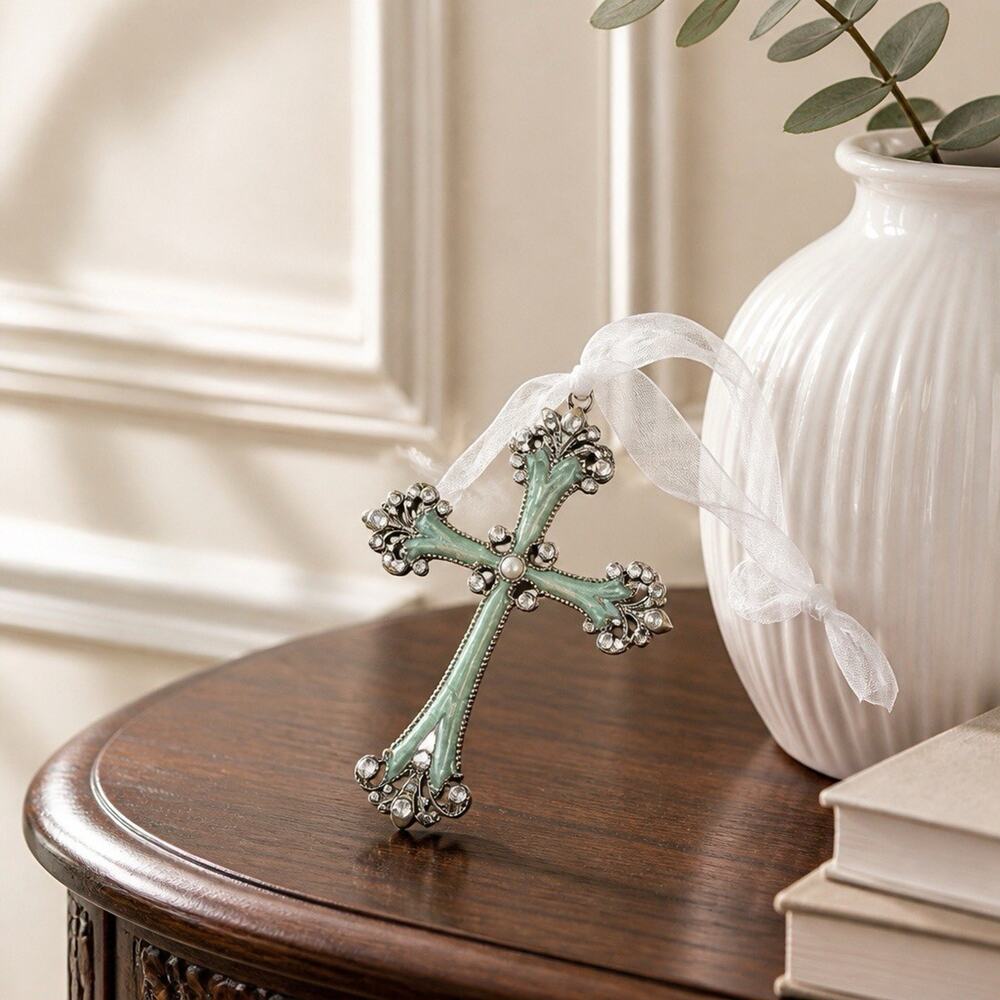 Kirkland’s Pearly Rhinestones Cross Enameled Jeweled Ornament Christmas Holidays